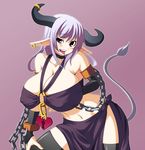  absurdres bandeau bare_shoulders bent_over black_legwear black_thighhighs breasts chain chains cow_tail curvy elbow_gloves female gigantic_breasts gloves heart_lock highres horns huge_breasts kokuyouseki lap lock long_hair looking_at_viewer navel nipples open_mouth pointy_ears puffy_nipples purple_eyes purple_hair simple_background skirt solo standing tail thighhighs thighs tongue 