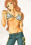  bikini_top breasts cleavage denim jeans large_breasts long_hair midriff nami_(one_piece) navel one_piece orange_hair pants red_eyes sagatsune simple_background tattoo 