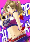  1girl artist_request belt blonde_hair blood blue_eyes candy cheerleader clothes_writing crop_top food grasshopper_manufacture juliet_starling lollipop lollipop_chainsaw long_hair lotter75 midriff miniskirt navel scrunchie skirt twintails typo wristband 