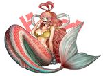  bikini_top blue_eyes breasts cleavage earrings full_body hair_ornament hair_rings hairclip jewelry large_breasts long_hair mermaid monster_girl one_piece pink_hair shirahoshi simple_background solo striped_tail suyu38 tail tears very_long_hair wavy_hair wet white_background 