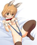  amelie_planchard animal_ears blonde_hair blush bow bowtie bunny_ears collar green_eyes lying mirutsu_(milts) navel short_hair slingshot_swimsuit solo strike_witches swimsuit thighhighs wavy_mouth world_witches_series wrist_cuffs 