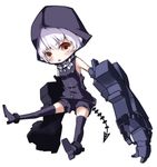  black_legwear black_rock_shooter brown_eyes chibi highres hood hoodie mechanical_arm natsuki_yuu_(minamino_tsuki) short_hair shorts simple_background sleeveless sleeveless_hoodie solo strength_(black_rock_shooter) tail thighhighs white_hair 