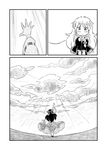  bow braid cloud comic greyscale hair_bow hakurei_reimu kirisame_marisa long_hair monochrome multiple_girls no_hat no_headwear reaching side_braid silent_comic single_braid skirt sky sonson_(eleven) touhou 