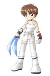  boots brown_eyes brown_hair card_captor_sakura choker crossdressing dress full_body garyuusaisai genderswap gloves li_xiaolang lowres matching_hair/eyes shirt short_hair shorts standing thighhighs weapon white_shirt white_shoes white_shorts 