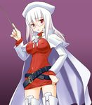  aty_(summon_night) aty_(summon_night)_(cosplay) belt blush breasts cape cosplay covered_nipples glasses hand_on_hip hat heidimarie_w_schnaufer large_breasts mirutsu_(milts) pointer red_eyes solo strike_witches summon_night summon_night_3 white_hair world_witches_series 
