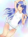  animal_ears arm_up armpits blue_hair cat_ears cat_tail idolmaster idolmaster_(classic) kisaragi_chihaya long_hair myu-po open_mouth solo swimsuit tail white_swimsuit 