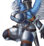  armor avian beak big_breasts bird blue blue_eyes blue_feathers breasts cleavage clothed clothing female fur gryphon lance legwear loincloth monster_hunter muscles muscular_female navel stockings thighs thong video_games wide_hips wings zylphide 