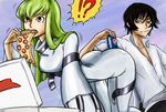  1boy 1girl all_fours ass bb_(baalbuddy) black_hair bodysuit c.c. can code_geass colorfag colorized food green_hair holding_pizza lelouch_lamperouge long_hair mouth_hold pepsi pizza pizza_box pizza_hut purple_eyes shirt skin_tight slice_of_pizza smirk soda soda_can white_bodysuit wide_sleeves yellow_eyes 