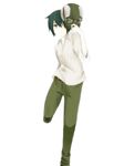  belt collared_shirt dress_shirt fur_hat goggles goggles_on_headwear green_hair green_pants hair_over_one_eye hat hat_removed headwear_removed highres kino kino_no_tabi long_sleeves pants reverse_trap shirt short_hair simple_background sleeves_rolled_up solo standing standing_on_one_leg white_background white_shirt 