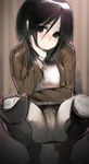  black_eyes black_hair boots highres jacket mikasa_ackerman namaniku_atk panties pantyshot pantyshot_(squatting) paradis_military_uniform shingeki_no_kyojin squatting underwear white_panties 