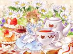  bad_id bad_pixiv_id brown_hair cake cardcaptor_sakura cup cupcake dress flower food green_eyes kinomoto_sakura minigirl puu_(kari---ume) short_hair solo teacup teapot 