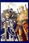  1girl 3boys absurdres archer_(fate/prototype) armor blonde_hair blue_hair brown_hair excalibur fate_(series) female highres jewelry lancer_(fate/prototype) male multiple_boys necklace sajou_ayaka sajyou_ayaka short_hair 