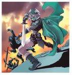  absurdres boots cape celtic_guardian duel_monster elf elf_ears green helmet highres male male_focus pointy_ears sword takahashi_kazuki weapon yu-gi-oh! 
