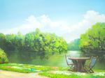 bad_pixiv_id chair cloud day forest grass lake nature no_humans original scenery sky table traditional_media tree tree_stump water you_shimizu 