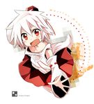  bare_shoulders blush detached_sleeves from_above hat inubashiri_momiji looking_up maturiuta_sorato open_mouth pom_pom_(clothes) red_eyes short_hair solo tail tokin_hat touhou white_hair wolf_tail 