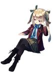  blazer blonde_hair boots copyright_request crossed_legs jacket pantyhose shirabi sitting skirt solo twintails 
