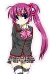  blue_eyes bow hair_bobbles hair_ornament juujiro_eru little_busters! long_hair pink_bow plaid plaid_skirt saigusa_haruka school_uniform side_ponytail skirt solo striped striped_legwear thighhighs 