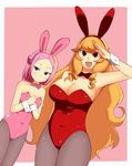  animal_ears blonde_hair blue_eyes bow bowtie breasts bunny_ears bunnysuit cleavage detached_collar flat_chest huge_breasts long_hair momo_(fruits_box) multiple_girls oozora_kiku oozora_momo otenki_studio pantyhose pink_hair red_eyes salute short_hair wrist_cuffs 