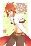  1boy arms_behind_back bad_id bad_pixiv_id belt checkered checkered_background coat green_eyes grin luke_fon_fabre male_focus red_hair smile solo star tales_of_(series) tales_of_the_abyss yellow_background 