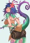  1girl :p aori_sora ass bare_shoulders blonde_hair breasts crop_top flower hair_flower hair_ornament half-closed_eyes highres jewelry league_of_legends lizard_tail looking_at_viewer looking_back midriff monster_girl necklace neeko_(league_of_legends) short_hair shorts skirt skirt_lift solo strap_slip tail tongue tongue_out yellow_eyes 