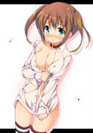  blue_eyes blush breasts brown_hair chiri_(atlanta) cleavage collar gradient_eyes highres letterboxed medium_breasts multicolored multicolored_eyes naked_shirt navel no_bra original shirt shirt_pull short_hair sleeves_past_wrists solo striped striped_legwear thighhighs twintails white_shirt 
