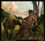  anal anthro anthro_on_feral balls bestiality brown_hair butt caprine cloud clouds detailed_background eyes_closed fabercastel feral gay grass hair horn interspecies leaf male mammal open_mouth oral panpipes penis ram rimming satyr sheep tongue tree wood 
