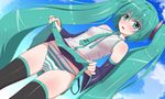  absurdres aqua_eyes aqua_hair bad_id bad_pixiv_id cloud detached_sleeves hatsune_miku highres j_(shining-next) long_hair necktie open_mouth panties skirt skirt_lift sky solo striped striped_panties thighhighs twintails underwear very_long_hair vocaloid 