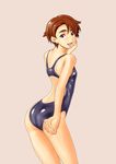  adjusting_clothes adjusting_swimsuit arched_back ass back back_cutout bad_id bad_pixiv_id bangs beige_background blue_swimsuit breasts brown_hair competition_swimsuit eyebrows from_side hand_on_own_cheek hand_on_own_chin hand_on_own_face happy leaning_forward legs_together looking_at_viewer looking_back one-piece_swimsuit open_mouth planetes purple_eyes shiny shiny_clothes shoko_(moccom) short_hair simple_background skin_tight small_breasts smile solo standing swept_bangs swimsuit tanabe_ai thick_eyebrows thighs 