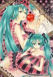  1girl apple aqua_eyes aqua_hair bad_id bad_pixiv_id food frilled_pillow frills fruit hair_ribbon hatsune_miku long_hair lying marker_(medium) open_mouth pillow ribbon romeo_to_cinderella_(vocaloid) traditional_media twintails very_long_hair vocaloid 