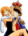  1girl abs bad_id bad_pixiv_id black_hair carrying closed_eyes crown earrings epaulettes fur grin hat jewelry lowres monkey_d_luffy nami_(one_piece) one_piece orange_hair princess_carry scar short_hair simple_background smile straw_hat white_background yamadaenako 