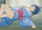  ano_natsu_de_matteru aqua_eyes blue_hair bottomless empty_eyes flat_chest floral_print harmaline japanese_clothes kimono legs long_legs looking_at_viewer lying nipple_slip nipples no_panties obi on_back open_mouth pussy_juice sash short_hair solo tanigawa_kanna tatami 