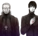  closed_eyes command_spell cross cross_necklace fate/zero fate_(series) father_and_son jewelry kotomine_kirei kotomine_risei male_focus multiple_boys muted_color necklace old_man yabu_(ybk) 