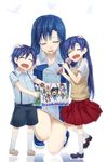  2girls blue_hair brother_and_sister child child_drawing closed_eyes din_(flypaper) drawing dual_persona hand_on_another's_head idolmaster idolmaster_(classic) kisaragi_chihaya kisaragi_yuu_(idolmaster) long_hair microphone multiple_girls one_knee open_mouth short_hair siblings smile tears younger 