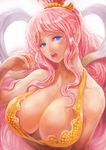  bad_id bad_pixiv_id blue_eyes breasts cleavage crying earrings huge_breasts jewelry lack lipstick long_hair makeup one_piece pink_hair shawl shirahoshi solo tears upper_body 