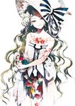  bare_shoulders bird blonde_hair bonnet bow chicken colored_eyelashes doll dress flower french frills hat hat_bow kyachi long_hair looking_at_viewer orange_eyes original red_eyes rose skeleton sleeveless sleeveless_dress smile solo tattoo very_long_hair white white_background witch_hat 