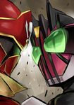  close-up crossover face-to-face gokai_red gradient gradient_background green_eyes helmet kaizoku_sentai_gokaiger kamen_rider kamen_rider_dcd kamen_rider_decade megane_man multiple_boys rubble super_sentai upper_body 