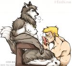  canine chair duo erection eyes_closed fangs gay human male mammal muscles penis plain_background precum sitting tactical_snake white_background wolf 