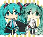  aqua_eyes aqua_hair bad_id bad_pixiv_id chibi detached_sleeves dual_persona elbow_gloves gloves green_eyes green_hair hatsune_miku hatsune_miku_(append) headset holding_hands long_hair mone_(alice-miku) multiple_girls necktie skirt sleeves_past_wrists smile striped striped_background thighhighs twintails very_long_hair vocaloid vocaloid_append 