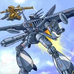  clenched_hand condensation_trail dauzhen day drop_tank flying gun kikou_senki_dragonar lowres mat_(ai777) mecha no_humans oekaki rocket_launcher schwarg sky weapon 