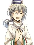  ^_^ closed_eyes grey_hair hands_on_own_chest happy hat japanese_clothes kariginu mononobe_no_futo open_mouth pom_pom_(clothes) ponytail smile solo tate_eboshi touhou upper_body yetworldview_kaze 