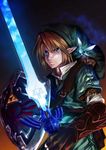  absurdres bad_id bad_pixiv_id blonde_hair blue_eyes earrings fairy gloves hat highres holding holding_sword holding_weapon jewelry left-handed link navi pointy_ears ruuto_(sorufu) shield sword the_legend_of_zelda the_legend_of_zelda:_ocarina_of_time the_legend_of_zelda:_twilight_princess weapon 