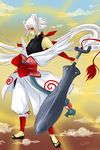  animal_ears bear_ears highres japanese_clothes male male_focus okami ookami_(game) personification sword weapon white_hair 