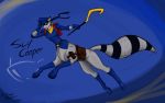  2013 bottomless clothed clothing mammal partially_clothed procyonid procyonid_taur raccoon raccoon_taur running simple_background sly_cooper sly_cooper_(series) solo taur video_games wmdiscovery93 