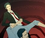  adachi_tooru arm_behind_back arm_grab arm_held_back black_hair dark_persona doujima_ryoutarou facial_hair formal gb_(doubleleaf) grey_eyes gundam gundam_seed male_focus multiple_boys necktie parody persona persona_4 spoilers suit sweatdrop yellow_eyes 