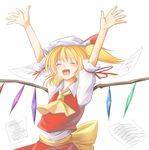  arms_up ascot blonde_hair blush closed_eyes flandre_scarlet happy hat highres hisumi open_mouth paper short_hair side_ponytail simple_background solo touhou wings 
