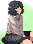  amagami bad_id bad_pixiv_id black_hair blush gift grey_skirt highres kibito_high_school_uniform long_sleeves meicha open_collar pleated_skirt school_uniform skirt solo sweater tanamachi_kaoru 