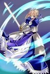  ahoge armor armored_dress artoria_pendragon_(all) bad_id bad_pixiv_id blonde_hair dress fate/stay_night fate_(series) faulds fighting_stance gauntlets green_eyes hair_ribbon kotori124589 open_mouth ribbon saber solo sword weapon 