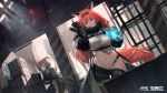  2girls aiming animal_ears asymmetrical_clothes asymmetrical_pants bangs bare_shoulders black_pants blue_eyes breasts brown_hair building character_request coat commentary_request cowboy_shot crop_top dutch_angle fox_ears girls_frontline gun hair_between_eyes hairband highres holding holding_weapon indoors large_breasts long_hair multiple_girls navel open_clothes open_coat original pandea_work pants ponytail red_eyes red_hair sitting sitting_on_object wallpaper weapon 