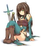  aqua_legwear arm_support bad_id bad_pixiv_id bangs bare_shoulders big_wednesday boots breasts brown_hair cleavage detached_sleeves eyebrows_visible_through_hair green_eyes halter_top halterneck highres loincloth long_hair looking_at_viewer medium_breasts midriff original sheath side-tie_skirt simple_background sitting sleeves_past_wrists smile solo sword thighhighs weapon 