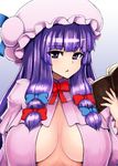  :&lt; book bow breasts cleavage hair_bow hat ishimiso_(ishimura) large_breasts long_hair looking_at_viewer no_bra open_clothes patchouli_knowledge purple_eyes purple_hair sidelocks simple_background solo touhou 